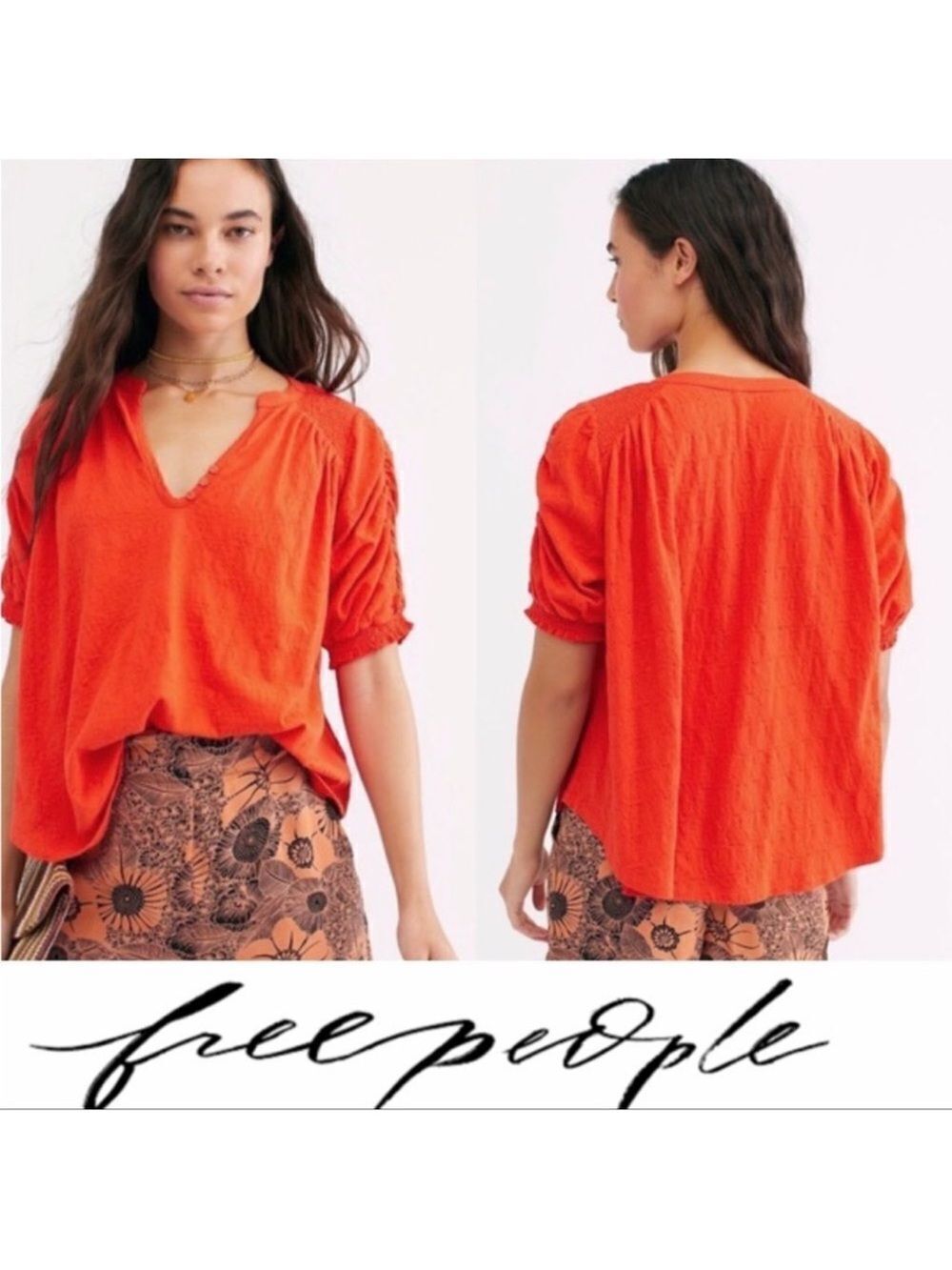 Free People S Fever Dream Oversized Corrugated Smocked Short Sleeve V-Neck Top